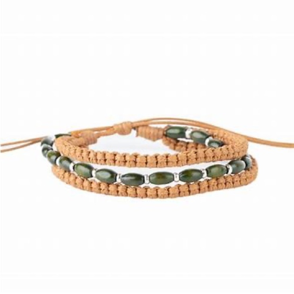 Green beads and brown cording adjustable sliding knot bracelet.